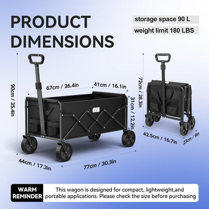 Collapsible Foldable Wagon, Folding Wagon with Wheel Heavy Duty with 180lbs Weight Capacity Lightweight Utility Camping Cart for Groceries Garden Beach Sports Fishing (Black)