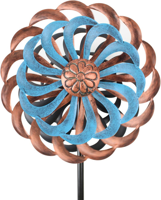 Metal Wind Spinners Outdoor, 14 Inch Dia Kinetic Wind Sculptures & Spinners with Stake, 61" H Windmill Yard Art Decor for Patio Lawn Garden, Copper Blue