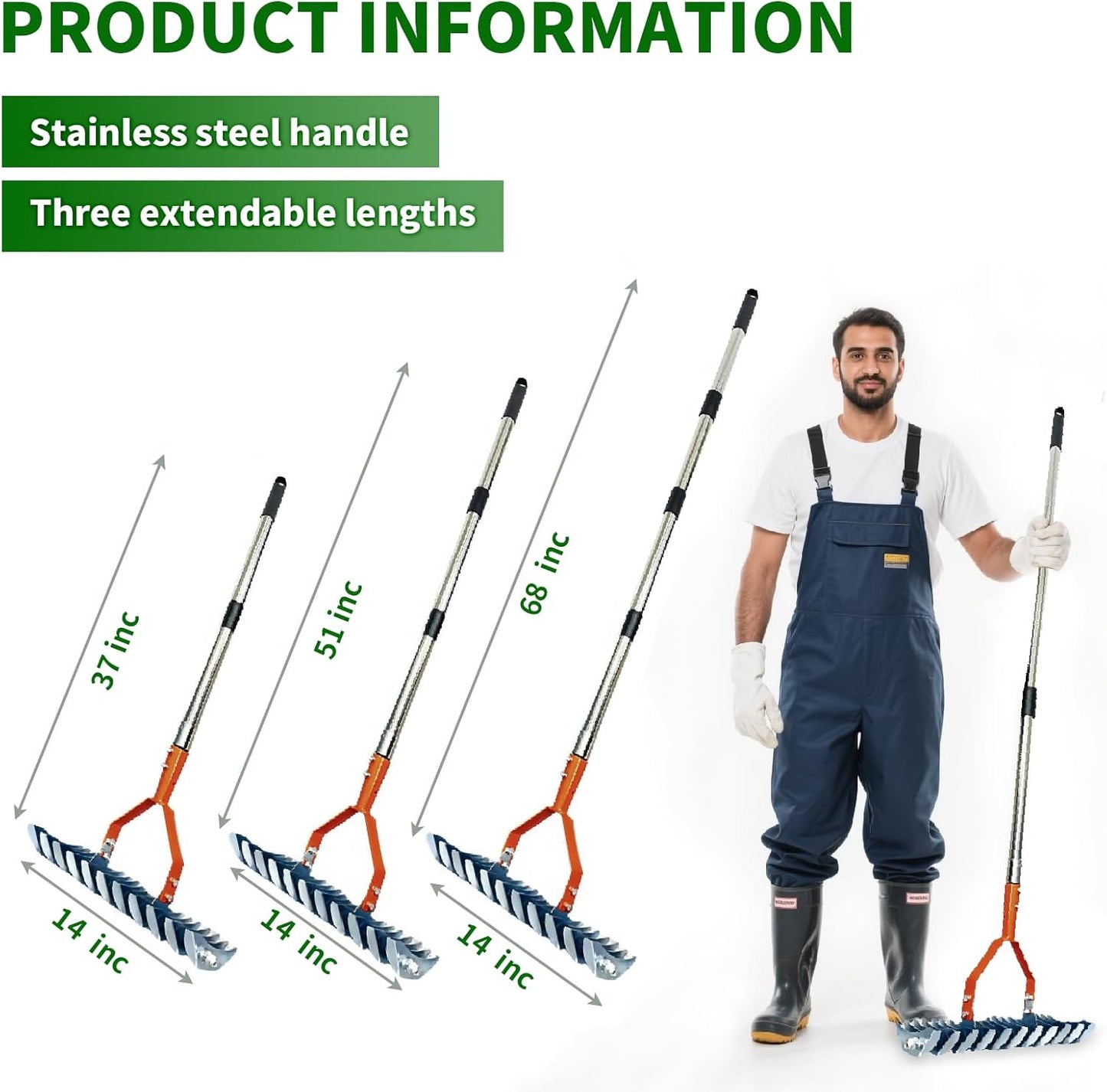 Thatch Rake,14" Wide 21-Tines Sturdy Garden Dethatcher Rake,Heavy Duty Ergonomic Adjustable Stainless Steel Handle;Durable Versatile Head for Removing Dead Grass and Leaves Clippings, Loosening Soil