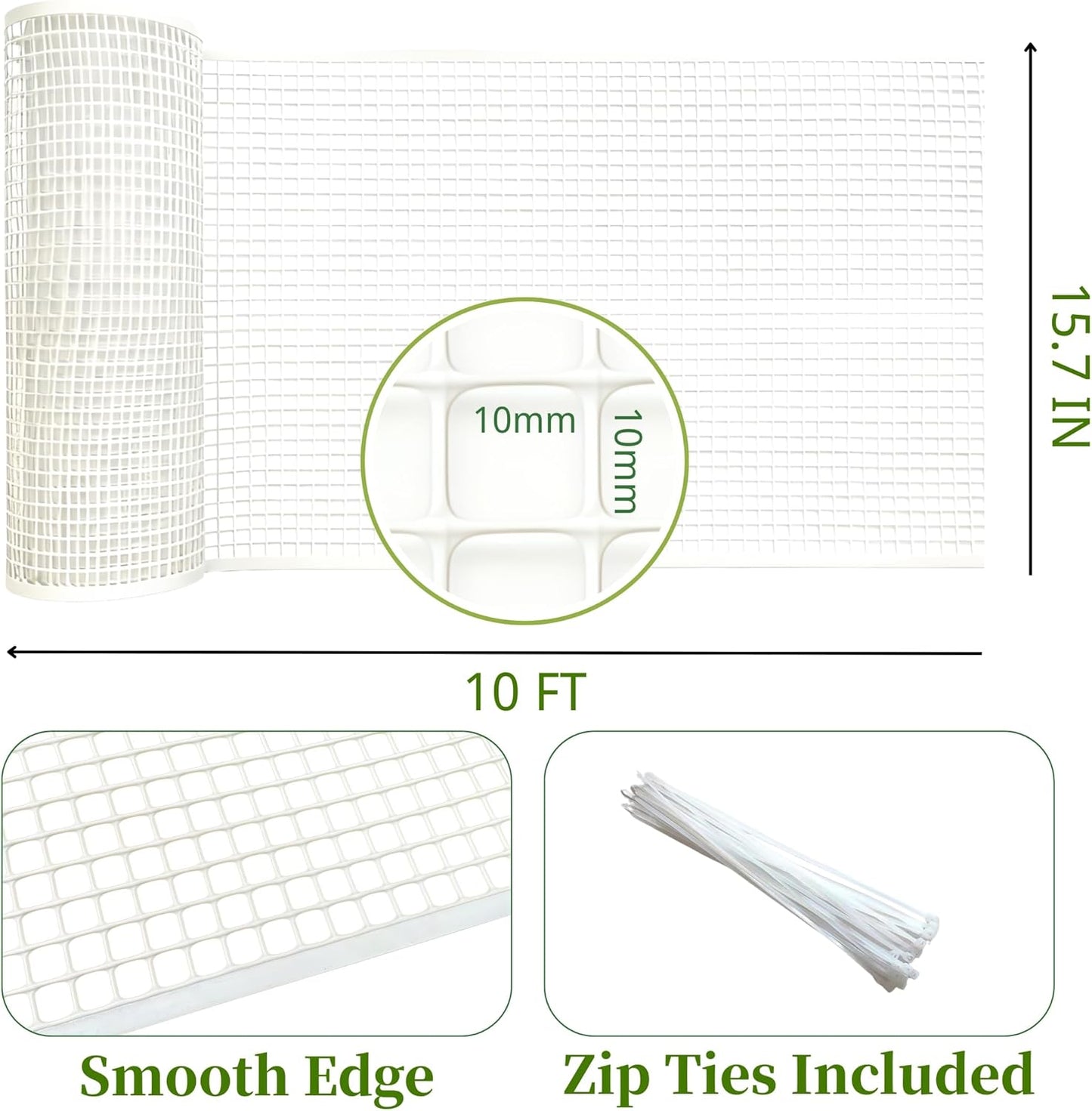 PotatoLife Plastic Wire Mesh Fence, Balcony Fence for Baby and Pets, Safety Fence, Stair Protector, Poultry, Garden, Tree Support, Durable Material, Free Zip Ties (White, 15.7'' x 10')