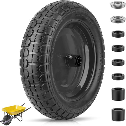 TICONN 4.80/4.00-8 Tire, 16" Flat Free Wheelbarrow Tire and Wheel, Solid Replacement Tires with 3" Centered Hub, 5/8" 3/4" Bearings, Universal Fit 4.80/4.00-8, 3.50/3.00-8, 4.00-6 (Black)