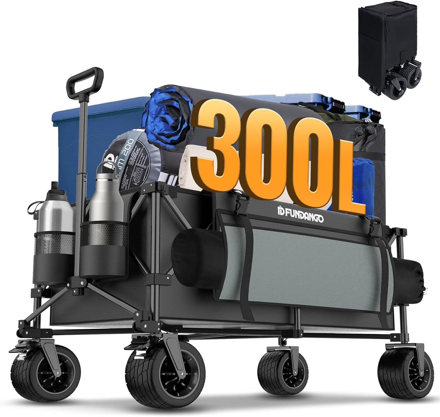 FUNDANGO 600lbs Heavy Duty Wagon, Foldable Beach Collapsible Wagons Garden Cart with Brakes, Side Pockets & All-Terrain Big Wheels for Sports Camping Shopping Groceries, Black