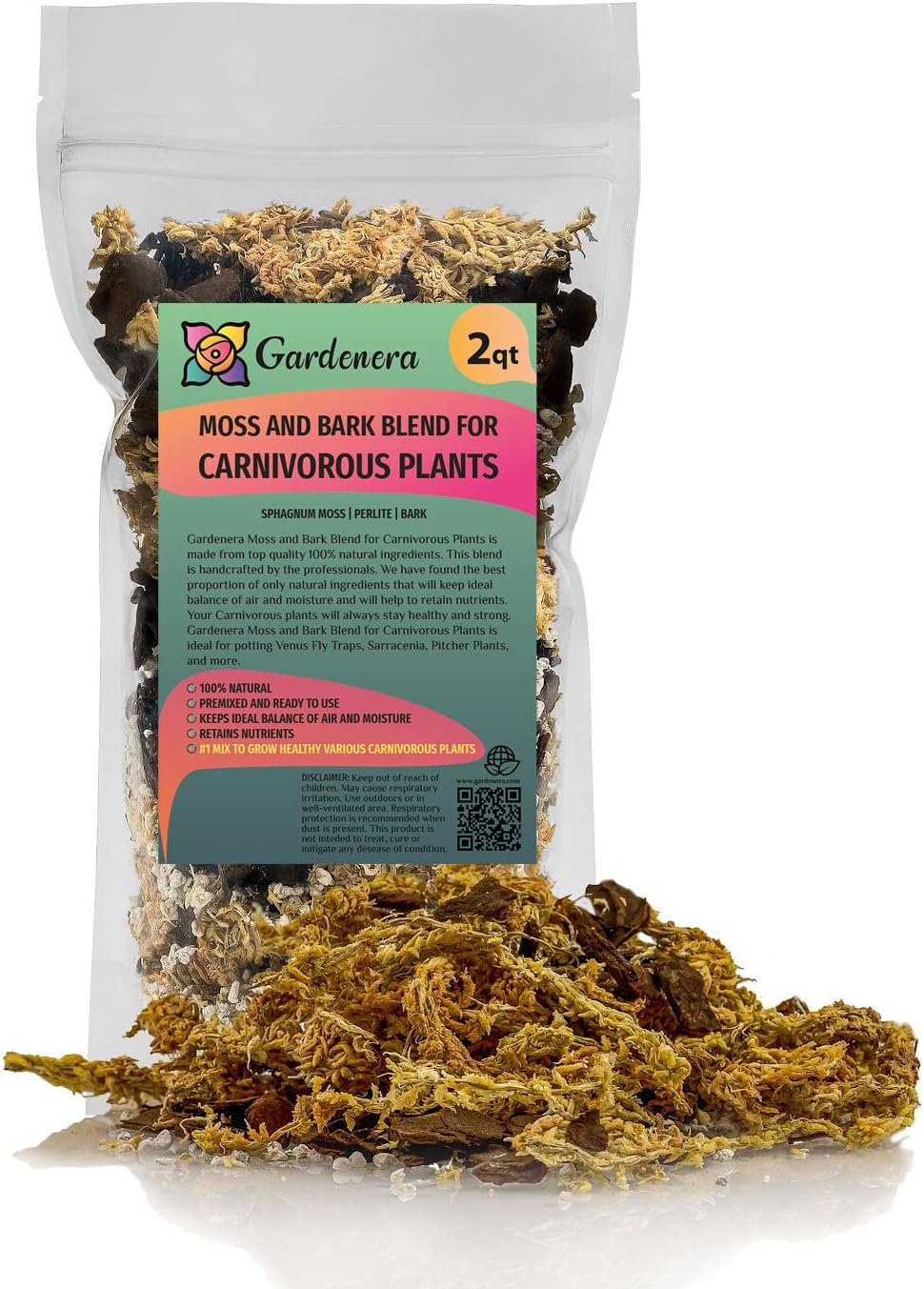 Premium Sphagnum Moss, Perlite and New Zealand Pine Bark Blend for Carnivorous Plants - Perfect for Venus Fly Traps, Pitcher Plants, Sarracenia, Butterworts, and Sundews by GARDENERA - 2 Quart Bag