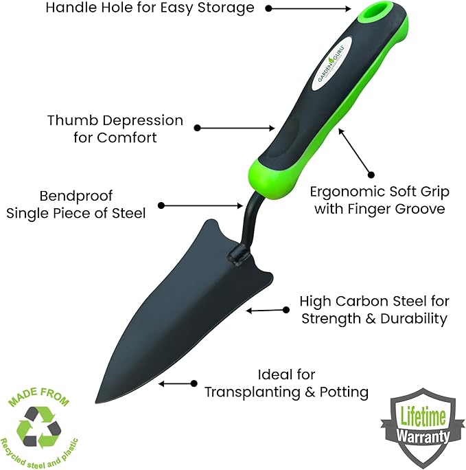 Garden Guru Transplanter Trowel Shovel - High Carbon Steel for Ultimate Strength - Rust Resistant - Ergonomic Grip - Perfect Hand Shovel Tool for Gardening Transplanting & Digging (2 Pack)