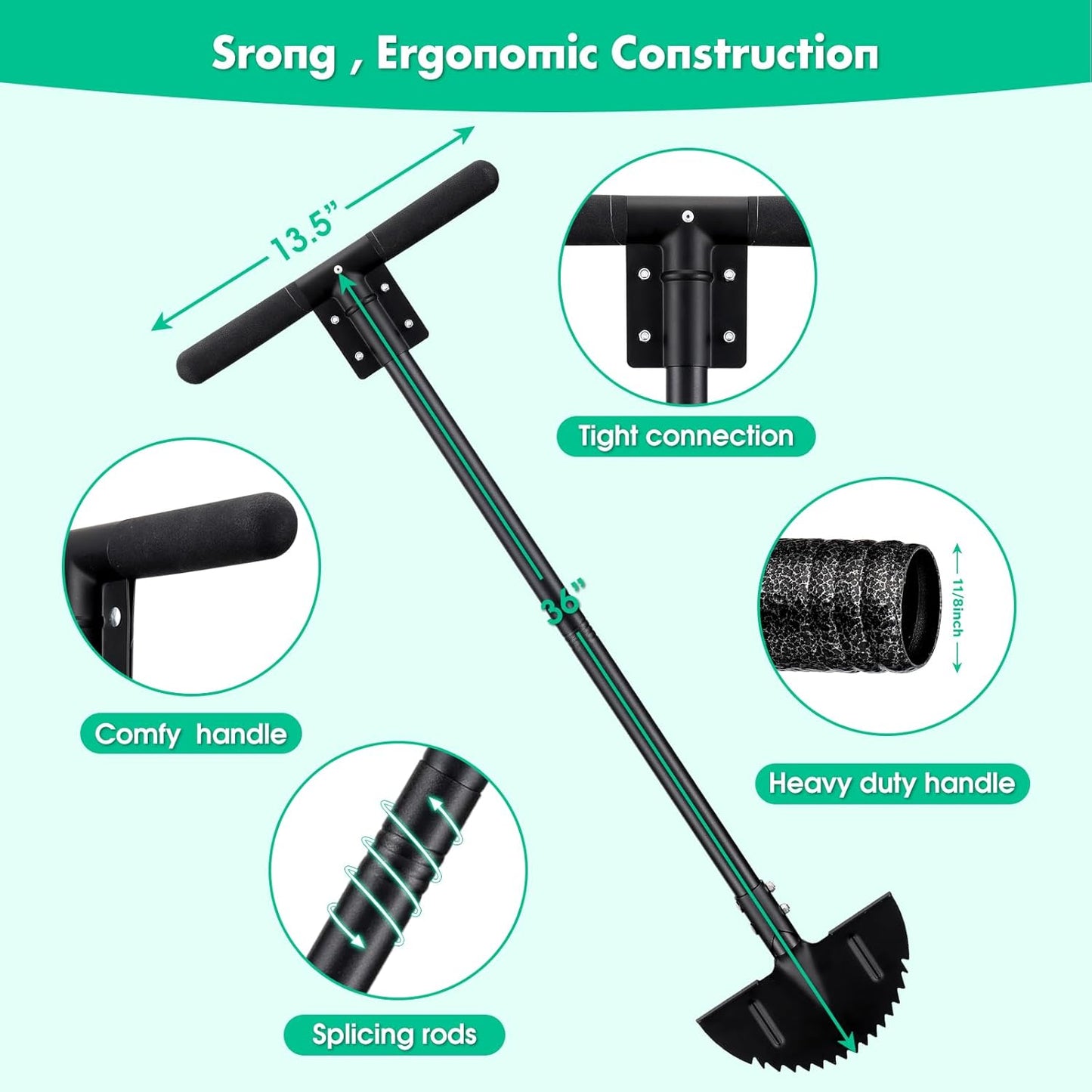 Saw Tooth Edger Lawn Tool, Half Moon Manual Lawn Edger with T-Grip, Sidewalk Grass Long Handled Step Grass Edger, 36-Inch Long Handle Hand Edger