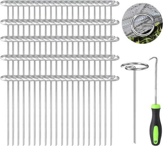 100Pcs Circle Top Landscape Staples, 6 Inch Garden Stake 8 Gauge Galvanized Landscape Fabric Stakes, Heavy Duty Yard Ground Pins for Outdoor Gardening Weed Barrier Sod Fabric - Silver