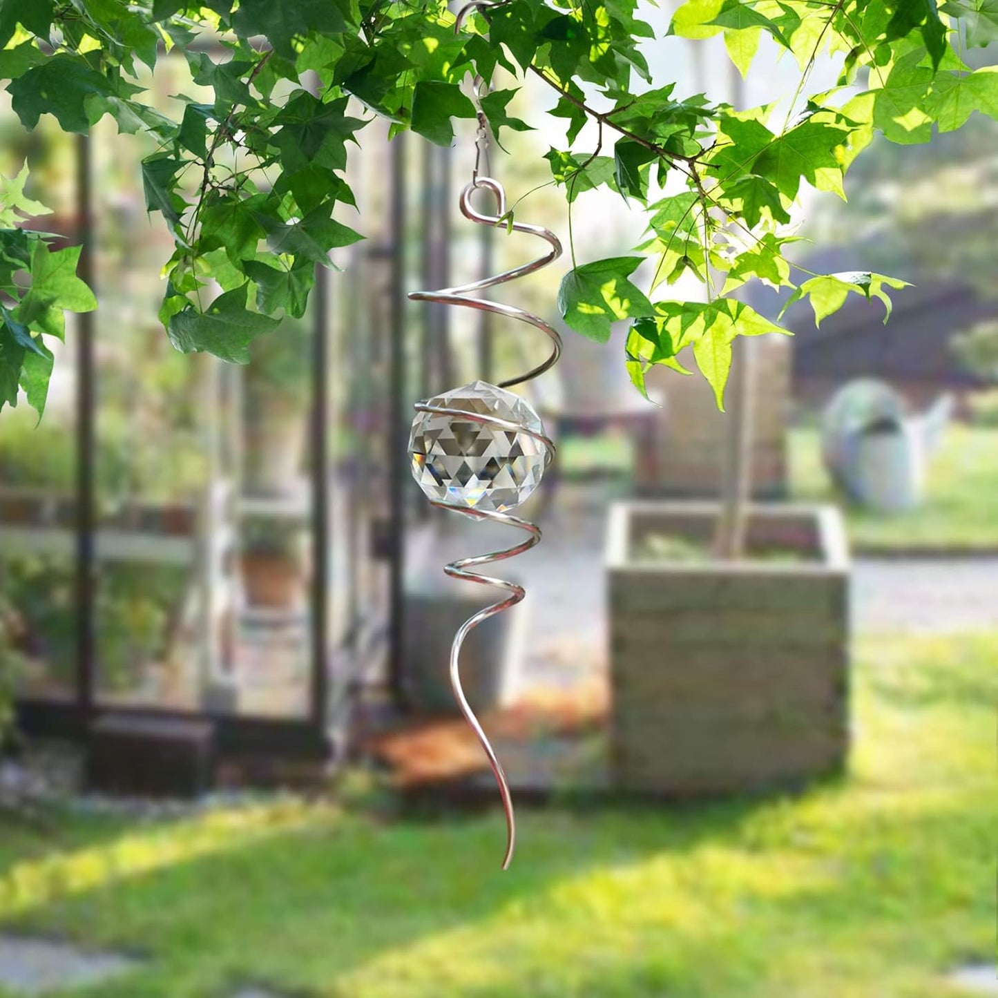 FONMY Gazing Ball Spiral Tail -Decorative Wind Spinner Sun Catcher 11 inch Tail and 2 inch Clear Crystal Orb. Indoor Outdoor Garden Decoration -13 inch Height