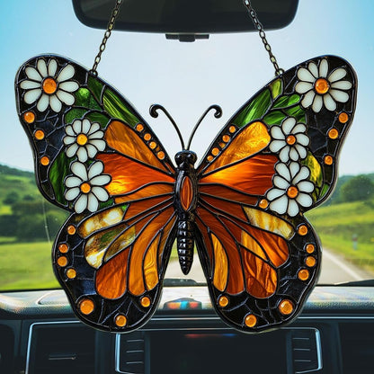 Floral Monarch Acrylic Suncatcher Stained Glass Effect Window Car Hanging Christmas Ornament Indoor Outdoor Decor Garden Sun Catcher Panel for Butterfly Lover for Women Mom Grandma