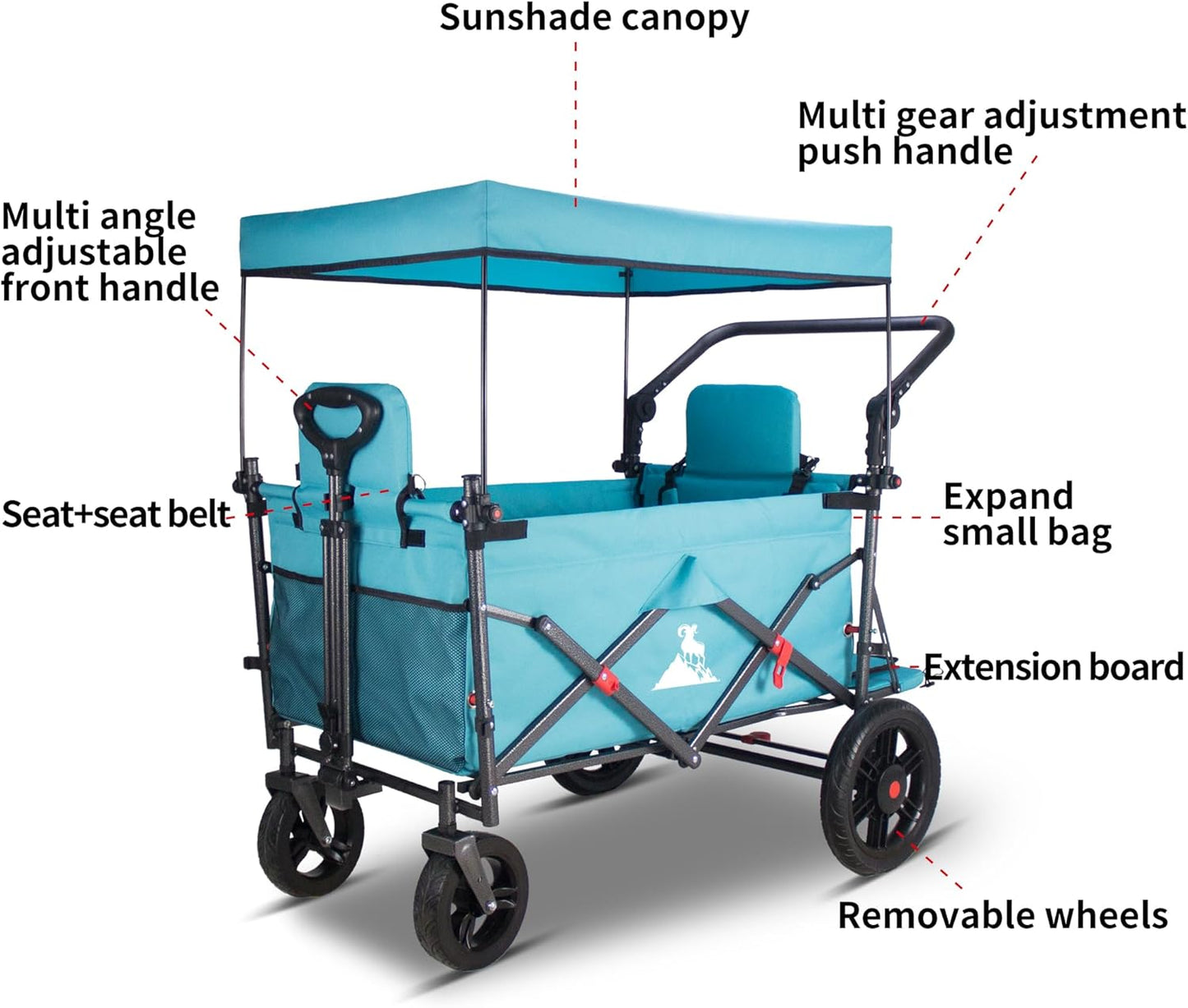 Collapsible Foldable Wagon Cart with Quick-Release Wheels & 2 Seats - Heavy-Duty Utility Wagon 265LBS Capacity for Camping, Garden, Shopping (Turquoise)