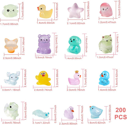 Luminous Mini Resin Animals 200 Pcs Tiny Resin Animals Figurines to Hide Mini Ducks Dinosaurs Glow in Dark for DIY Garden Miniatures Fairy Garden Accessories