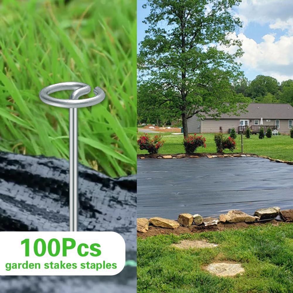 Bakulyor 100Pcs Circle Top Landscape Staples, 6 Inch Garden Stake 9 Gauge Galvanized Landscape Fabric Stakes, Heavy Duty Yard Ground Pins for Outdoor Gardening Weed Barrier Sod Fabric - Silver 6"