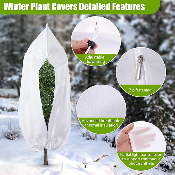 4 Pack Plant Covers Freeze Protection for Winter, Plant Protectors from Animals, Winter Plant Cover with Zipper Drawstring Frost Cloths for Outdoor Plants Shrub Bush Fruit Tree (23.6" x 31.5",White)