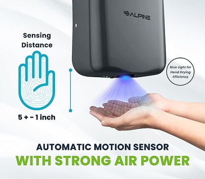 Alpine Automatic Hand Dryers for Bathrooms Commercial High Speed 110-120V Stainless Steel Electric Hand Dryer, Plug In & Hardwire Options with Air Filter, ADA & UL Compliant & 5 Years Coverage (Grey)