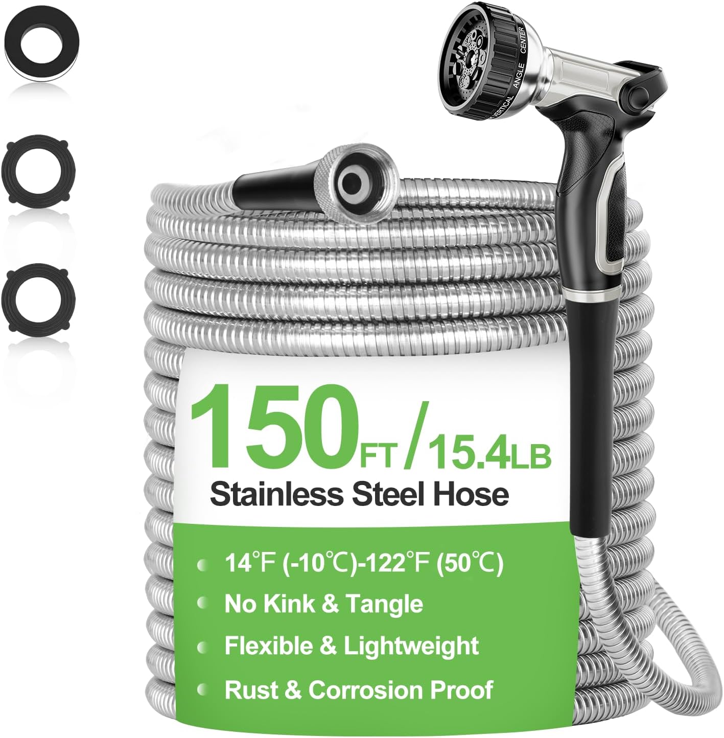 Garden Hose Metal 150 ft, Stainless Steel Water Hose with Upgrage Aluminum Nozzles, Flexible | Heavy Duty | Lightweight | No Kink | Anti-Bite Hose for Yard, RV Park, Outdoor Watering