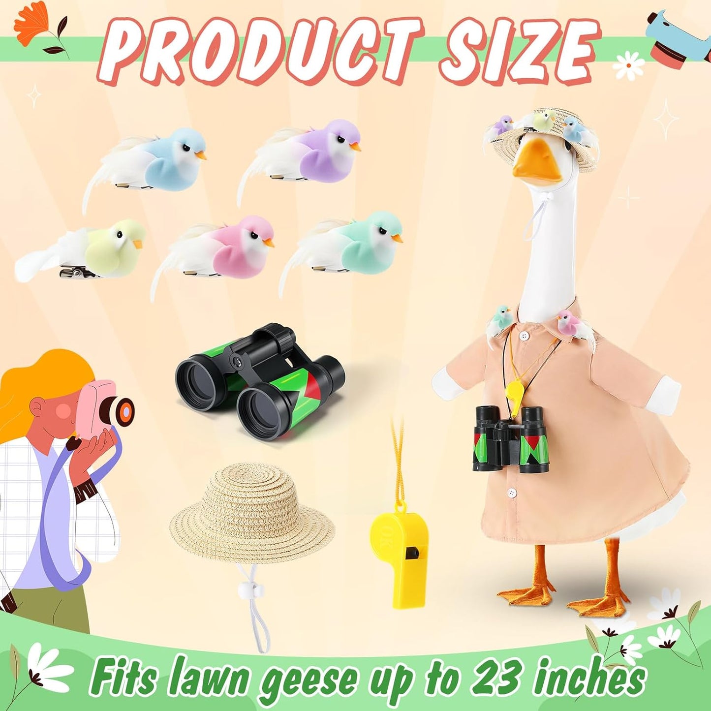 9 Pcs Bird Watcher Goose Outfits Hiking Costume Clothing T-shirt Straw Hat Binoculars Birds Whistle for 23'' Cement Porch Goose Summer Outdoor Garden Yard Lawn Patio Statue Art