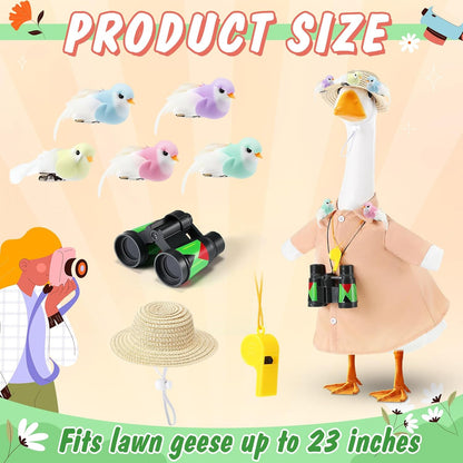 9 Pcs Bird Watcher Goose Outfits Hiking Costume Clothing T-shirt Straw Hat Binoculars Birds Whistle for 23'' Cement Porch Goose Summer Outdoor Garden Yard Lawn Patio Statue Art