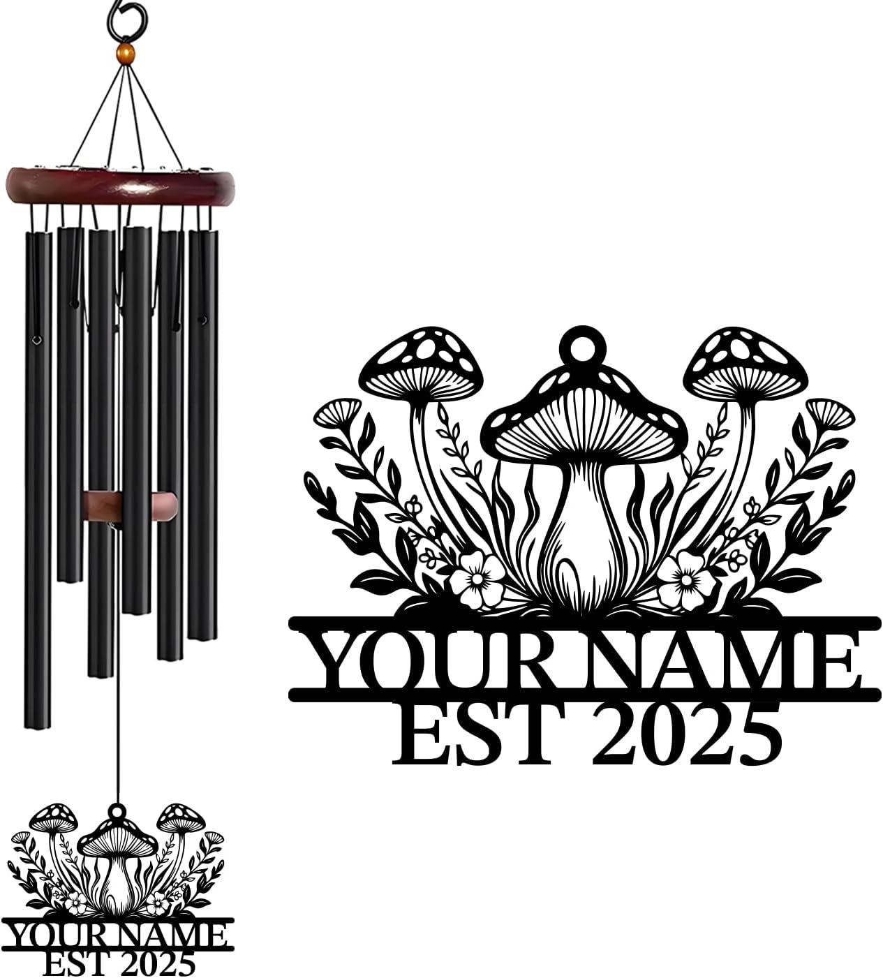 Personalized Customize Name Fantasy Mushroom Wonderland Wind Chime, Metal Iron 37 Inch Outdoor Memorial Gift for Garden Yard Patio Home Decor, Black (Style A)