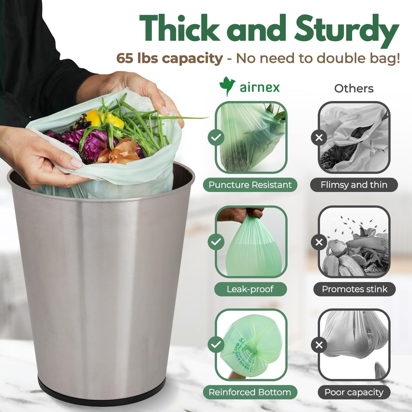 Compost Bags for Countertop Bin -Compostable Trash Bags made of Cornstarch - Leakproof & Tear Resistant Biodegradable Trash Bags - OK Compost Home & Seedlings Certified