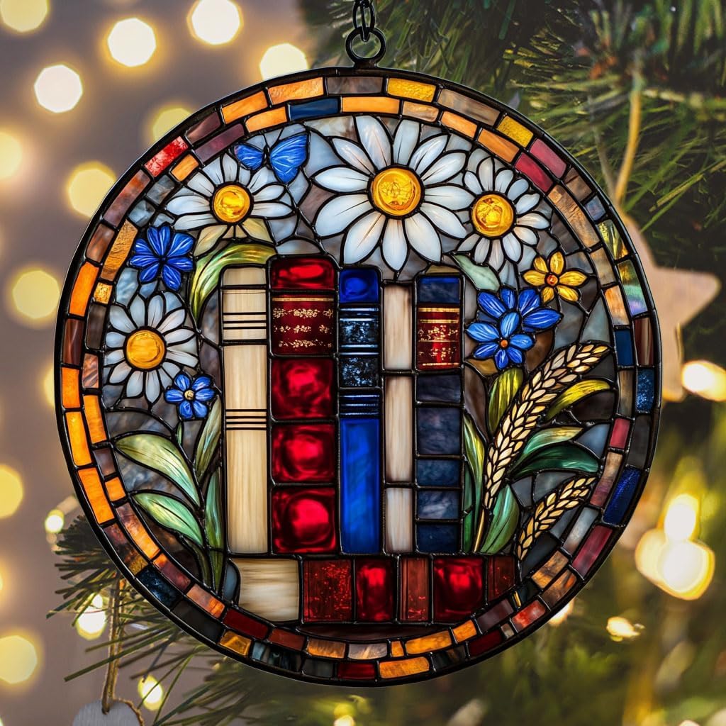 Floral Stack of Bookks Acrylic Suncatcher Stained Glass Effect Window Car Hanging Christmas Ornament Indoor Outdoor Decor Garden Sun Catcher Panel for Book Lover for Women Mom Grandma