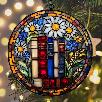 Floral Stack of Bookks Acrylic Suncatcher Stained Glass Effect Window Car Hanging Christmas Ornament Indoor Outdoor Decor Garden Sun Catcher Panel for Book Lover for Women Mom Grandma