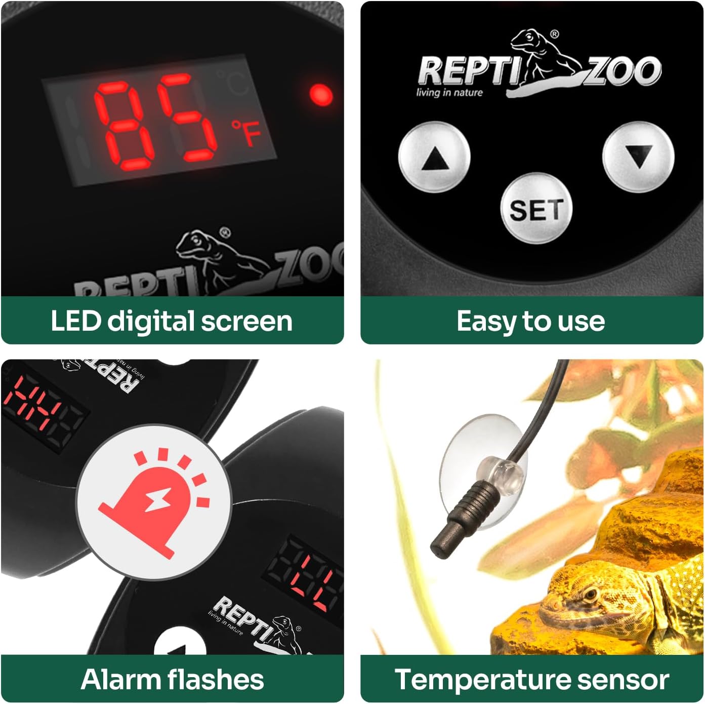 REPTI ZOO Reptile Light Fixture Dimming Thermostat Combo Pack, 5.5 Inch Deep Dome Lamp Fixture Max 100W, PID Reptile Thermostat Temperature Controller for Reptile Heat Lamp Bulb