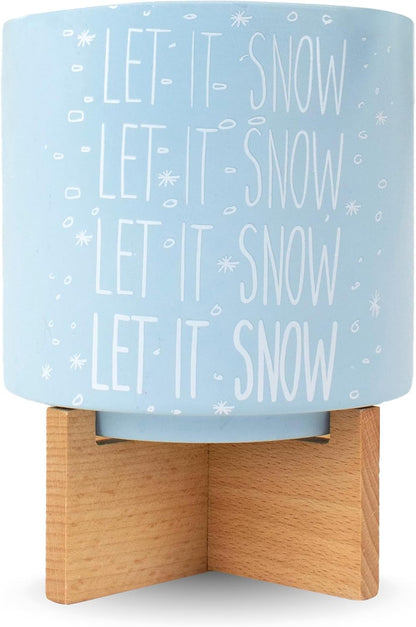 Ceramic Holiday Planter Pot, Let it Snow Design, Powder Blue & White, Holds 4" House Plant or Succulent, Festive Winter Christmas Home Décor with Wood Stand