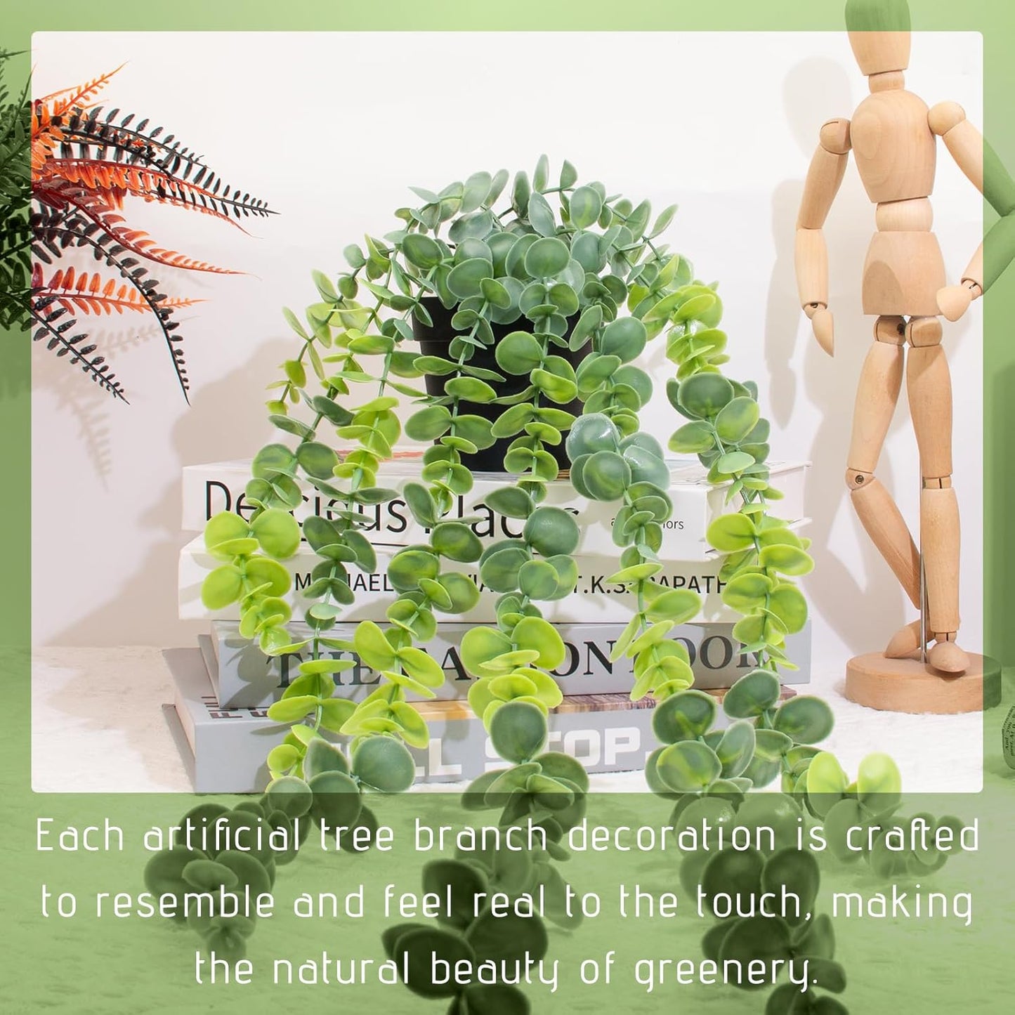 Fake Hanging Eucalyptus Plants Artificial Faux Plants Indoor Small Hanging Greenery Decor for Shelf with Black Pot Soft Green for Living Room, Kitchen, Balcony, Garden, Bedroom