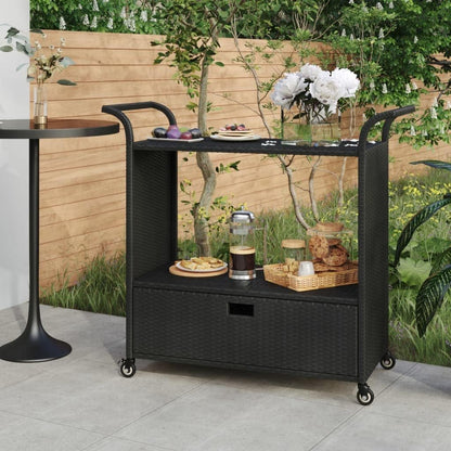 Outdoor Rolling Wicker Bar Cart with Drawer, Portable Bar Cart with Wheels, Patio Kitchen Island Cart for Pool Deck Backyard, Black 39.4"x17.7"x38.2" Poly Rattan -460