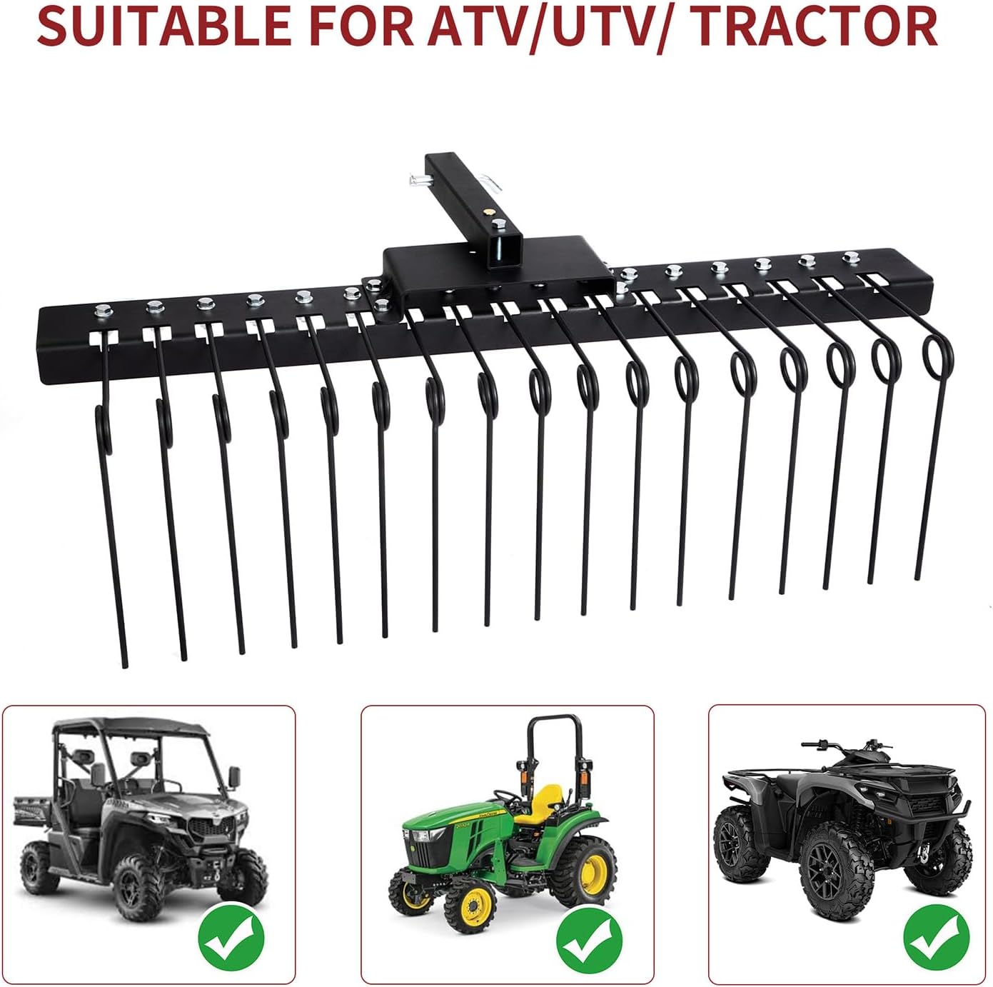 48" Durable Pine Straw Rake Steel Spring Landscape Rake Fits 2" Receiver for Lawn Tractors or ATV/UTV Black