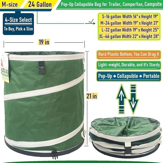24-Gallon Collapsible Trash Can (19x21 in) Hard-Shell Bottom Yard Garden Bag for Yard Waste,Debris