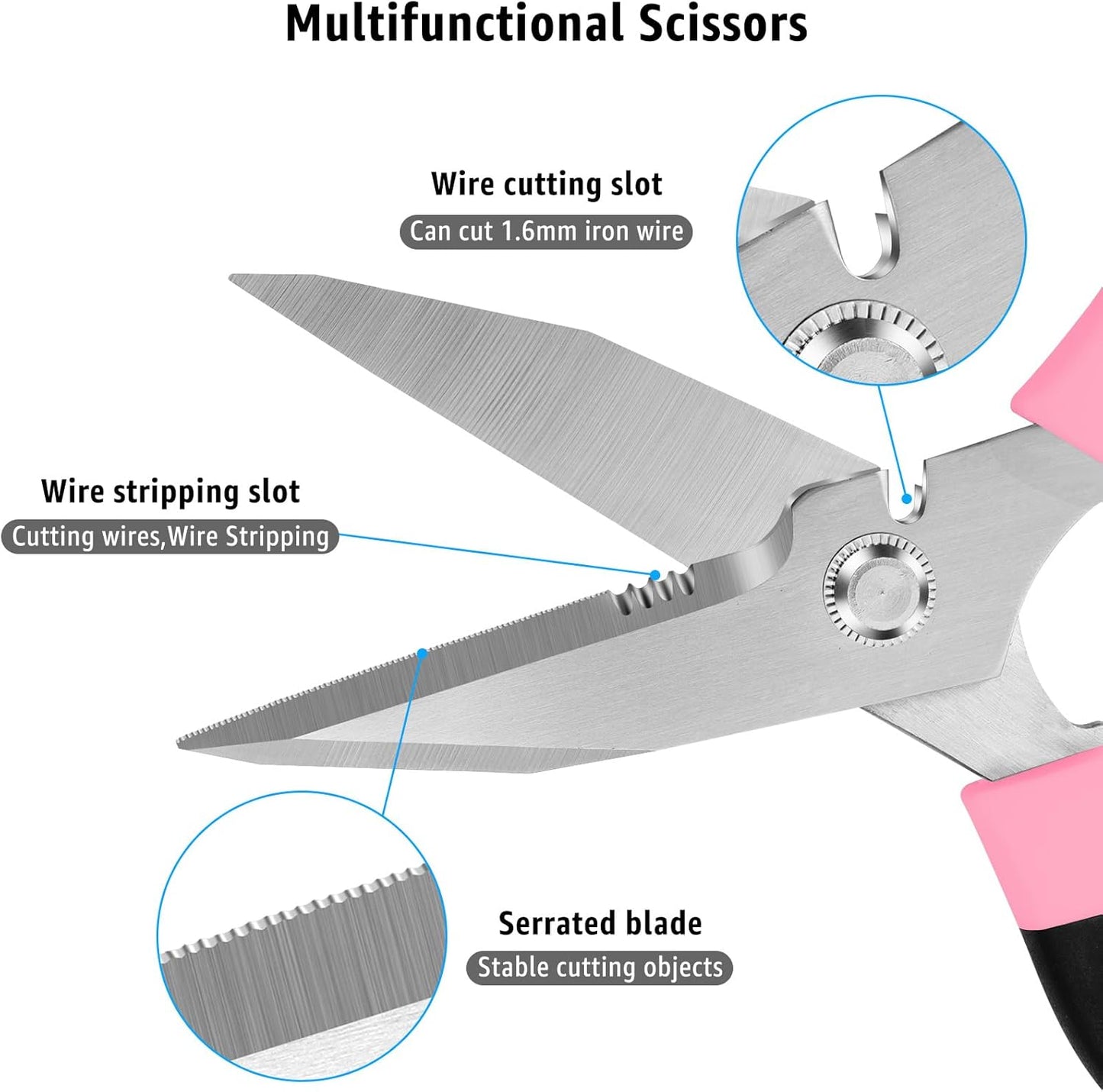 8-Inch Heavy Duty Utility Scissors All Purpose, Serrated Blade, Pink Comfort Grip for Cutting Carpet, Cardboard, Leather, Fabric, Multipurpose Sharp Shears for Kitchen, Garden, Office, Carft