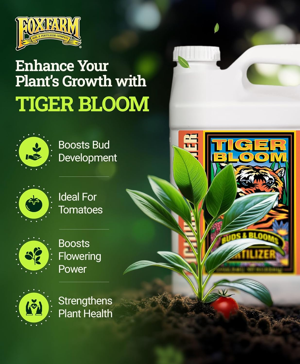 FoxFarm Tiger Bloom Liquid Fertilizer Concentrate - Fast Acting Formula for Vicious Growth with Phosphorus - Encourages Fruit, Flower & Bud Development, NPK 2-8-4 (2.5 Gallons)