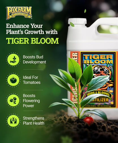 FoxFarm Tiger Bloom Liquid Fertilizer Concentrate - Fast Acting Formula for Vicious Growth with Phosphorus - Encourages Fruit, Flower & Bud Development, NPK 2-8-4 (2.5 Gallons)