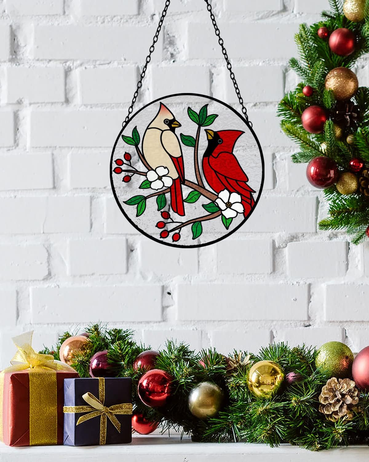 Tuitessine Cardinal Stained Glass Suncatcher - Red Bird Sun Catcher - Hand-Painted Glass Panel - Decor for Window - Christmas & Birthday Gift for Grandma & Birds Lover - 6.3x6.3