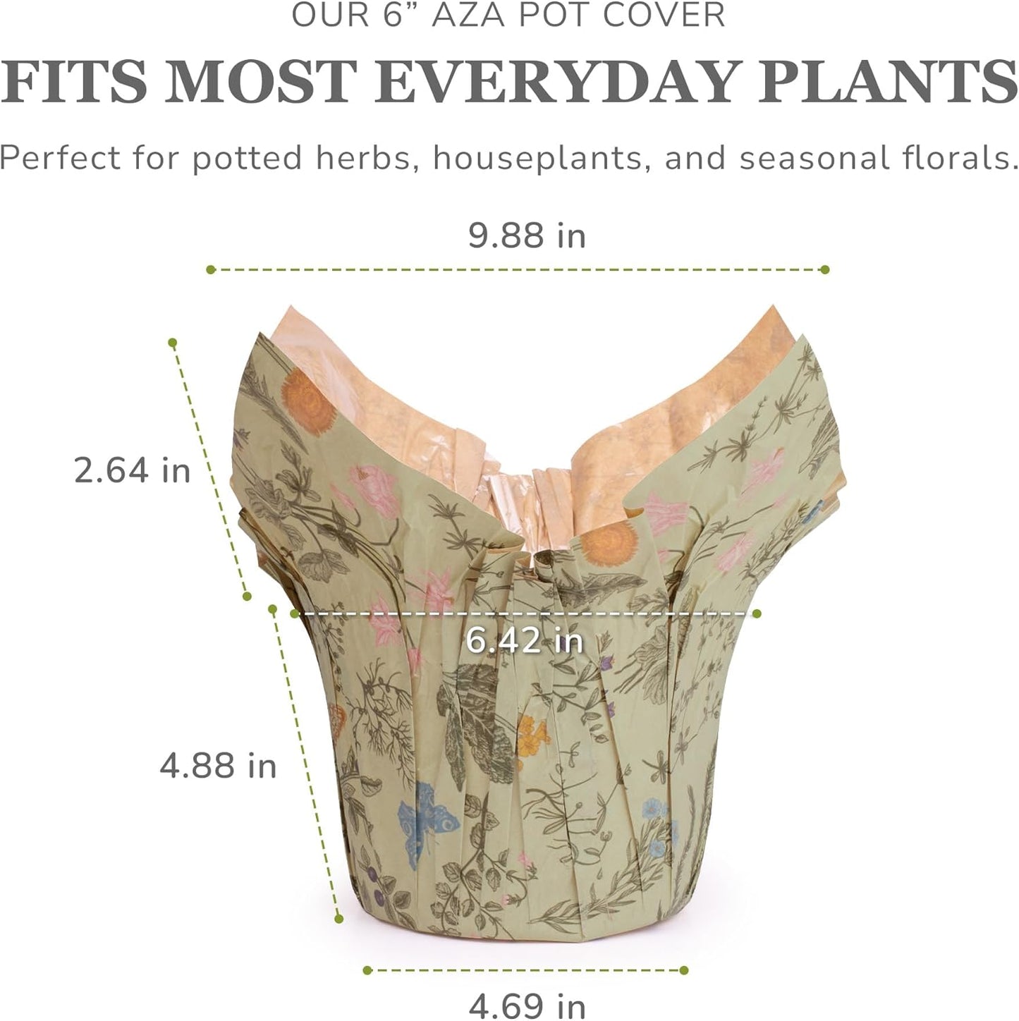 Premium 6” AZA Plant Pot Covers, Decorative Plant Sleeve for Indoor & Outdoor House Plants, Reusable and Gift-Ready for Flower Pots, Green-Print, Pack of 5