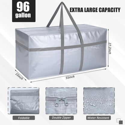 4 Pcs 96 Gallon Large Moving Bags with Zipper and Handles Foldable Storage Duffle Bags Heavy Duty Extra Large Totes for College Dorm Travel Clothes Blankets Bedding Moving (Silver)