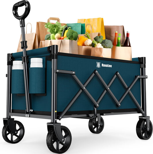 Navatiee Portable Foldable Collapsible Wagon with Wheels, 220lbs Weight Capacity Utility Grocery Shopping Cart, Lightweight Mini Folding Wagon for Outdoor, Blue