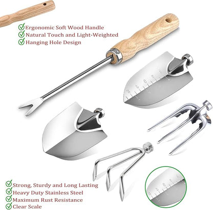 Garden Tool Set, Beswill 12 Pieces Heavy Duty Gardening Hand Tools with Garden Tools Organizer Handbag, Apron, Rust-Proof Stainless Steel Gardening Kit, Wood Handle, Ideal Garden Gifts for Women Men