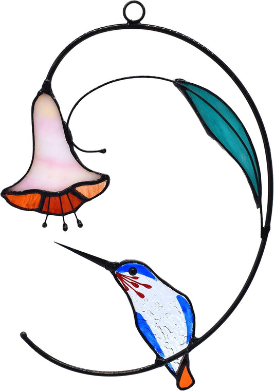 Lolitarcrafts Hummingbird with Flower Stained Glass Suncatcher Bird Stained Glass Window Hangings