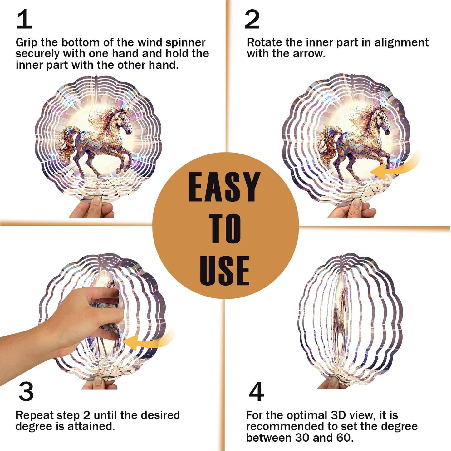 Horse Wind Spinner, 3D Hanging Stainless Steel Garden Spinner, Wind Spinner Hanging for Outdoor & Indoor Décor, Unique Gifts for Yard Garden Decoration or Patio Décor (Horse)