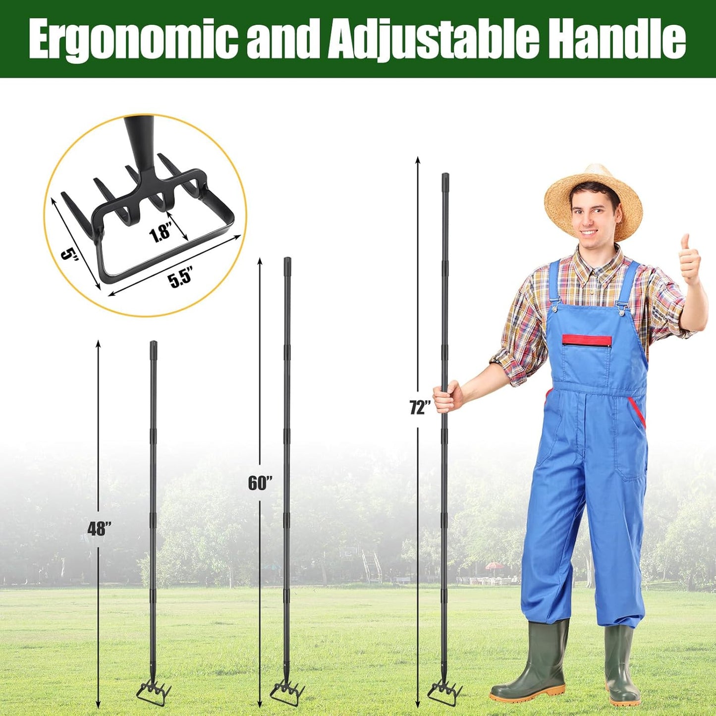 2-in-1 Garden Hoe Tool, Adjustable Length from 37 to 72inch, Ergonomic Design for Weeding and Raking, Durable and Rust-Proof Blade, Save Time and Effort