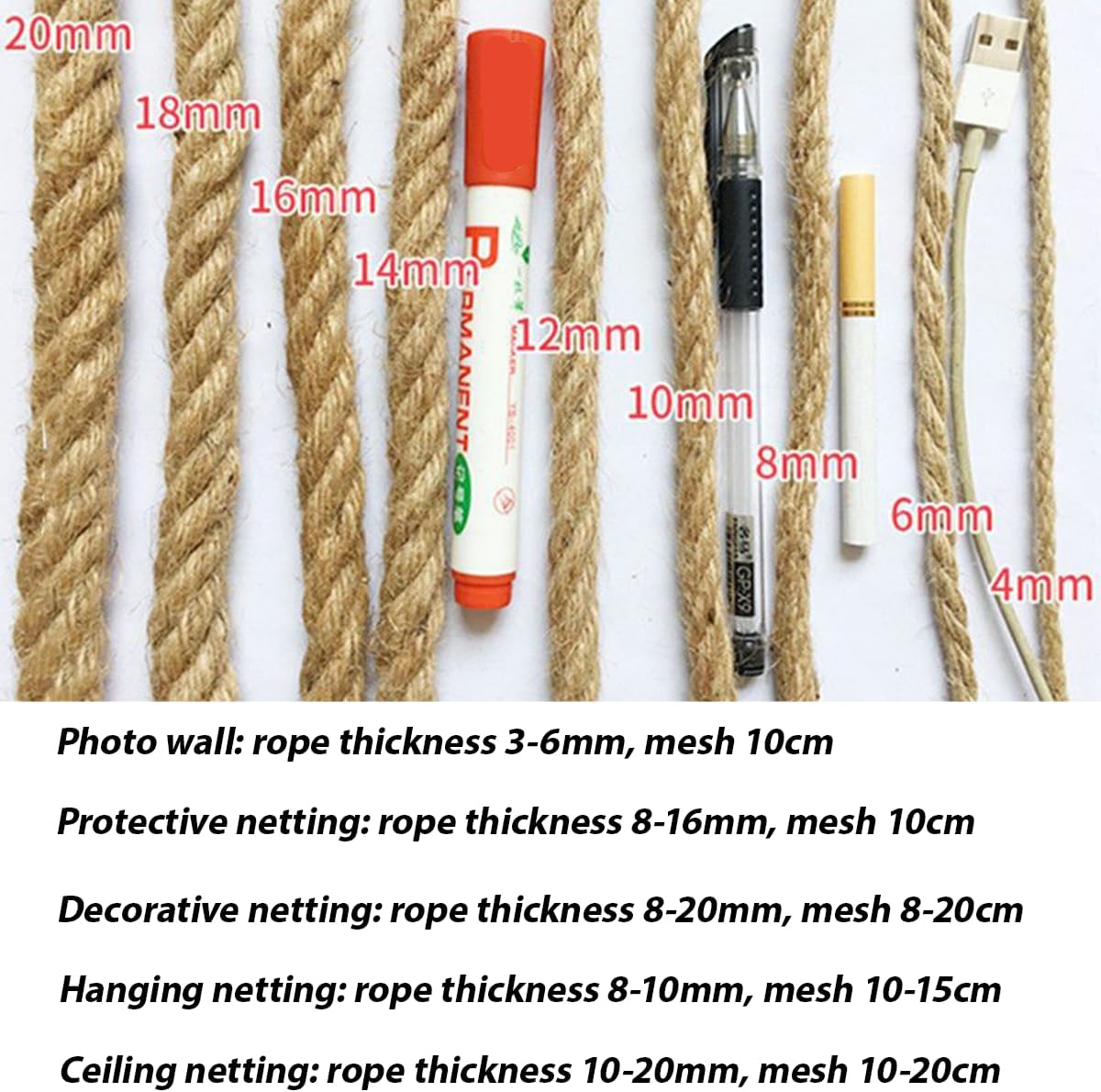 Natural Jute Hemp Rope Net,8mm Thick Safety Anti-Fall for Children Pet,Balcony Stairs Garden Playground Protection Net,Indoor & Outdoor Decor (Size:1M*6M(3.3FT*19.7FT))