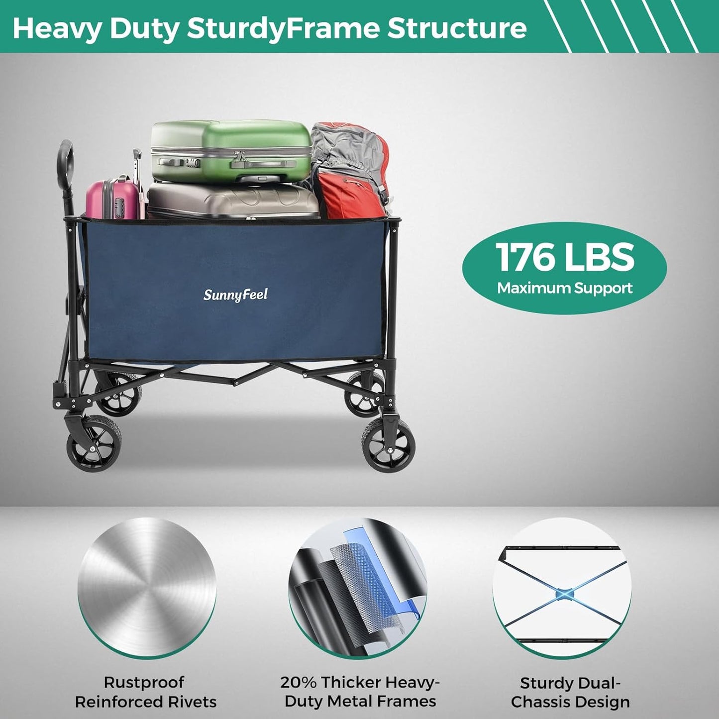 SUNNYFEEL Collapsible Wagon Cart with Wheels Foldable - 176lbs Standard Borderless Version Wagon Carts for Grocery Sports Garden Shopping Camping(Blue, 164L)