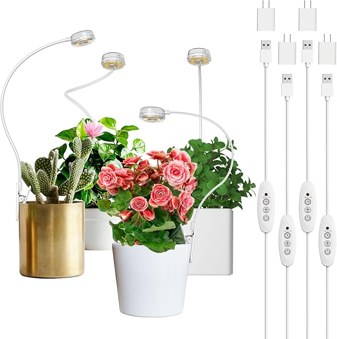 SANSI Grow Lights for Indoor Plants, ETL Listed Pot Clip LED Plant Lights for Indoor Growing, Full Spectrum, 4-Level Dimmable, Auto On Off 3 6 12 Hrs Timer for Small Plants,Garden White 5V 4-Pack