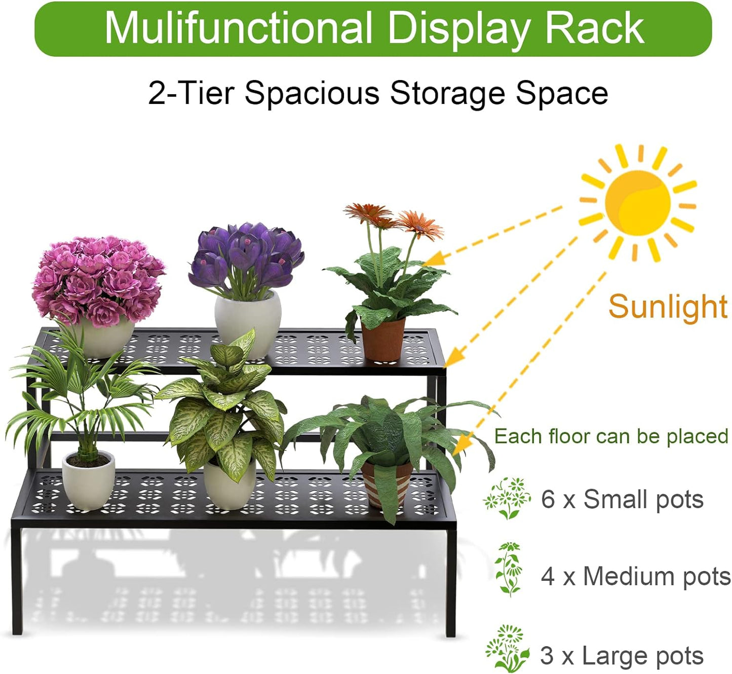 Metal Plant Stand Metal 2 Tier Potted Multiple Flower Pot Holder Plant Shelf Indoor Plants Multiple,Outdoor Heavy Duty Planter Display Shelving Unit for Patio Garden Corner Balcony Living Room(Black)