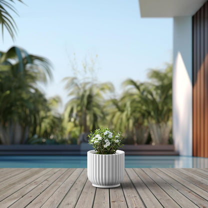 Kante Round Fulted Planter, 14 Inch Dia Large Concrete Plant Pots with Drainage Hole and Rubber Plug, Modern Decor for Indoor Outdoor Plants, Flower, White