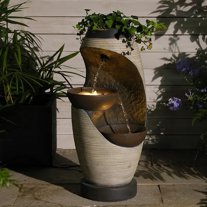 27.95''H Outdoor Garden Water Fountain, 2-Tier Bowl Shaped Floor - Standing Waterfall Fountain Indoor with LED Lights for Yard, Garden, Patio,Backyard & Home Decor