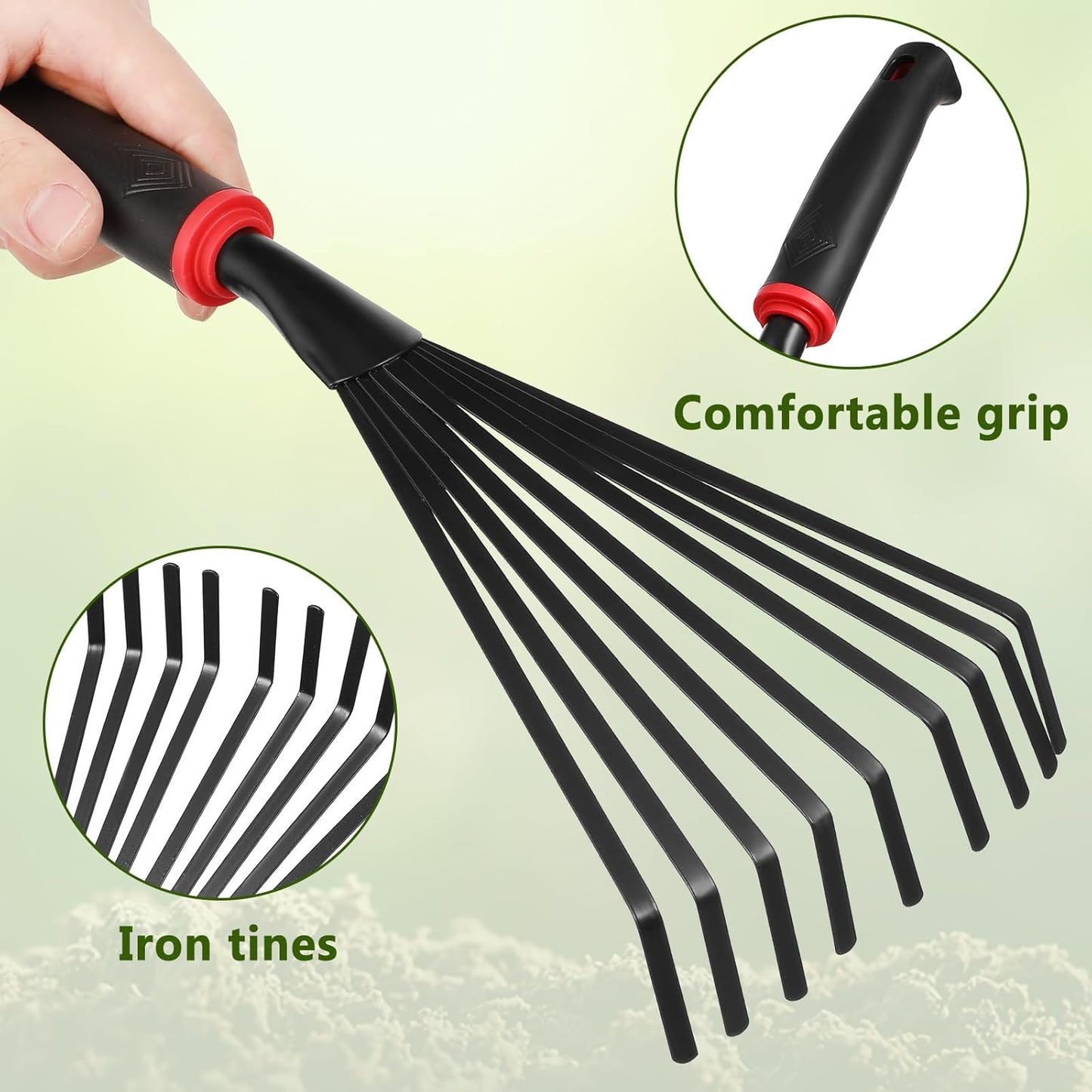VANZACK 2pcs Gardening Hand Rakes Metal Ash Rakes Hand Tiller Mini Garden Cultivator Tools Portable Rake with Handle and 9 Tines for Yard Lawn Shrub Flower Beds