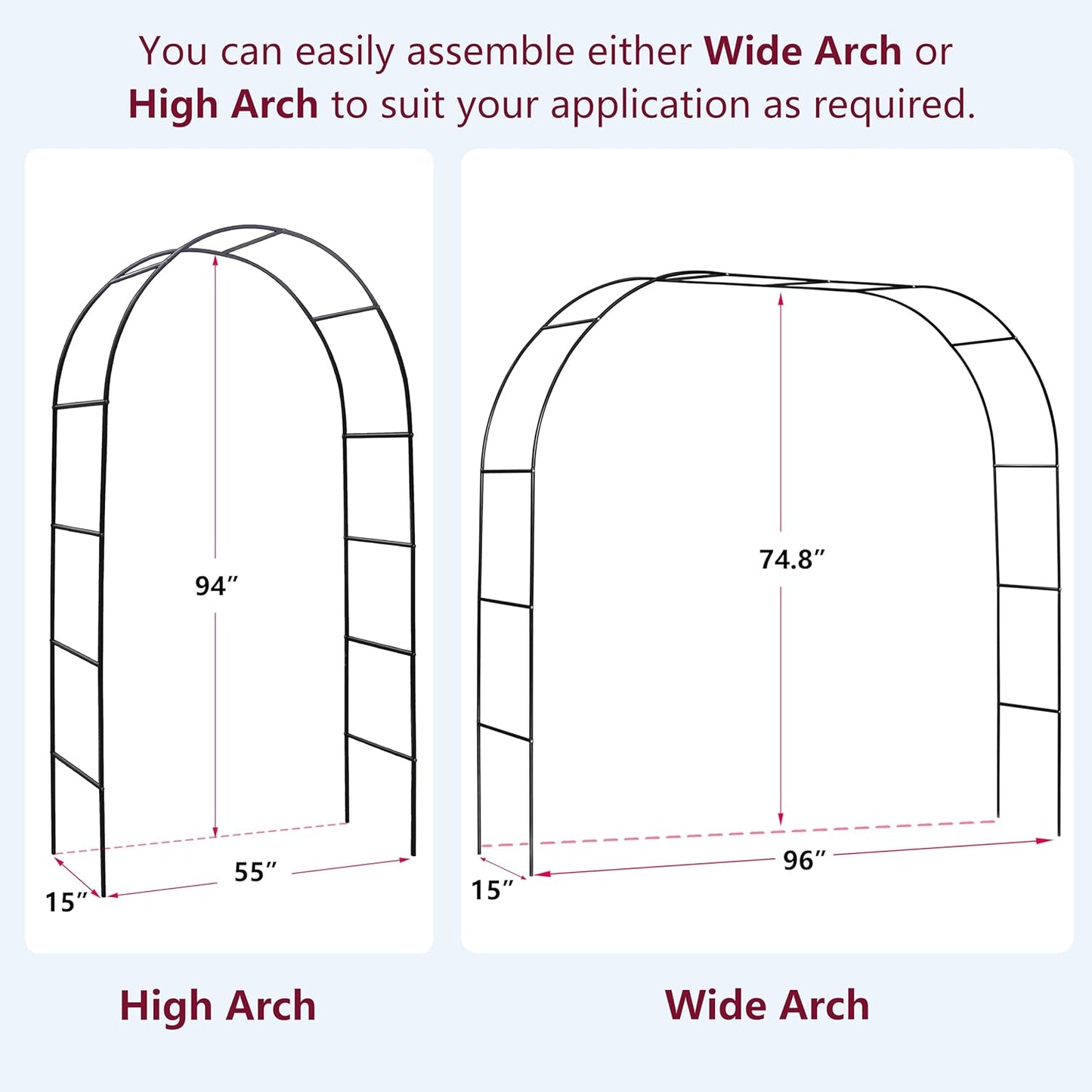 Garden Arch, Outdoor Flower Garden Arch Trellis, Sturdy Steel Arbor for Climbing Plants, Wedding Decoration, 94" H x 55" W, Black