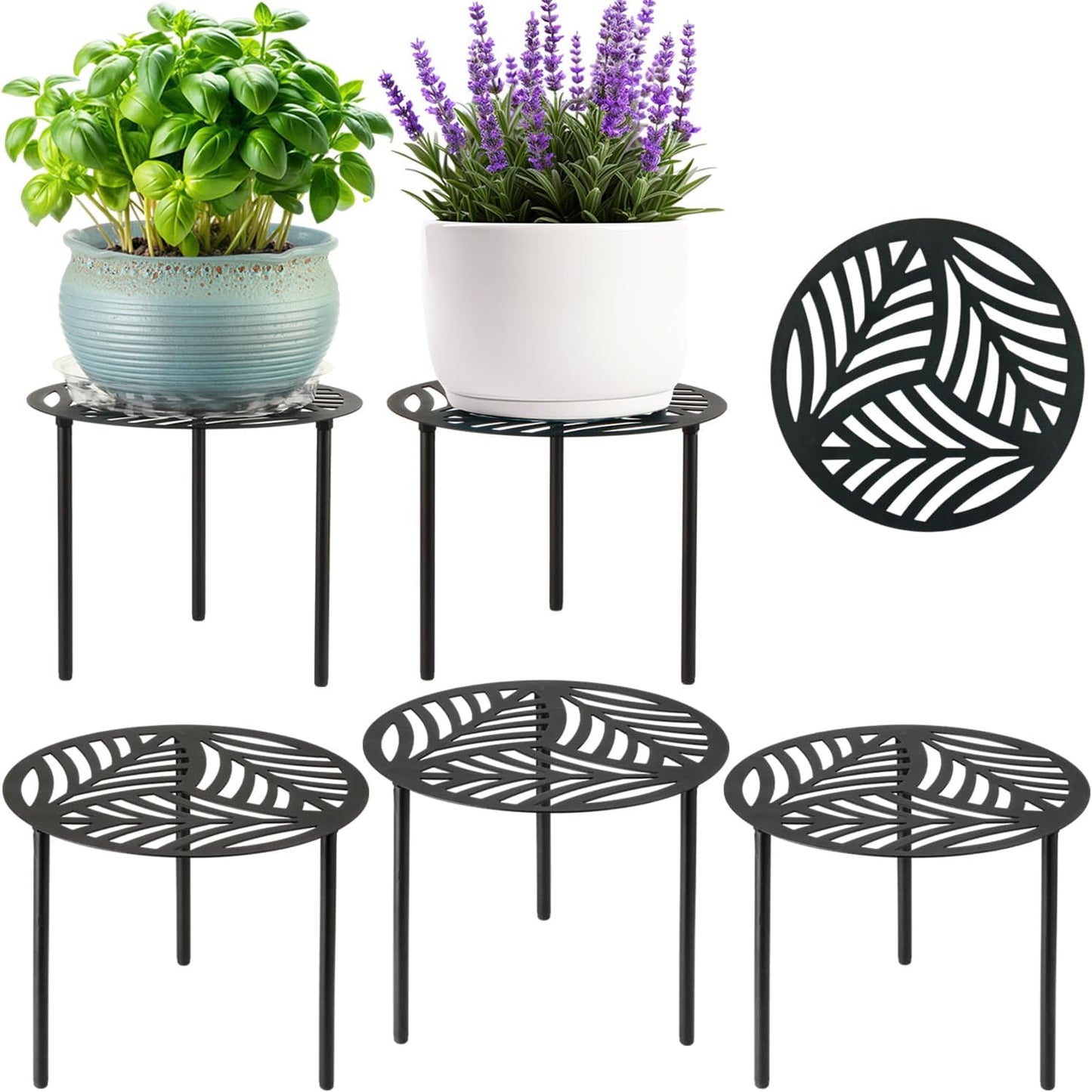 5-Pack 12 Inches Large Heavy-duty Metal Plant Stands Flower Pot Holder for Indoor Outdoor Rust-proof Potted Planter Riser Modern Round Corner Stand Shelf for Living Room Patio Garden Yard, Black, 12" D x 12" H